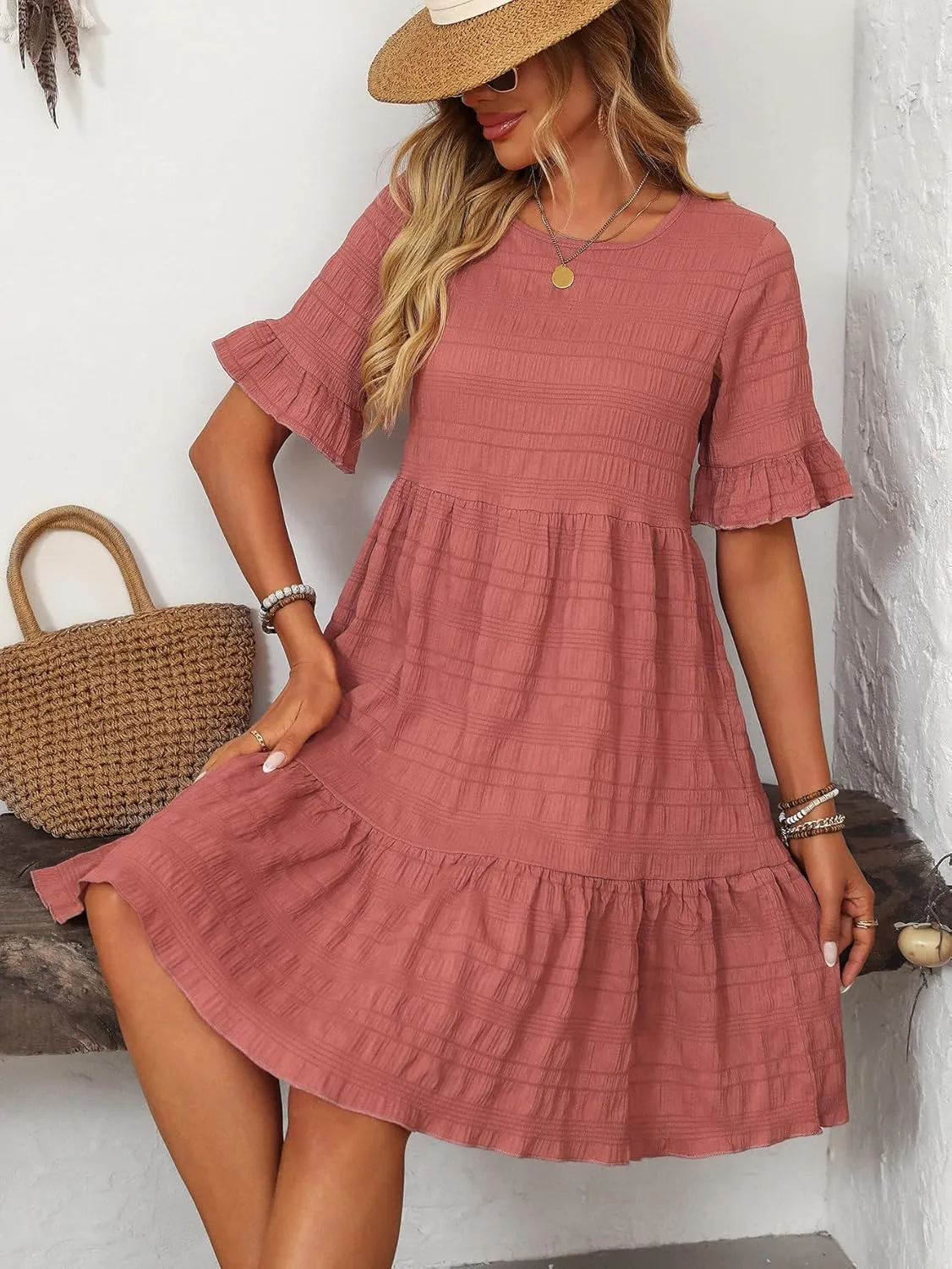 CASURESS Womens Summer Dress Ruffle Sleeve Smocked Crew Neck Midi Dresses Casual Flowy Tiered Swing Boho Beach Sundress
