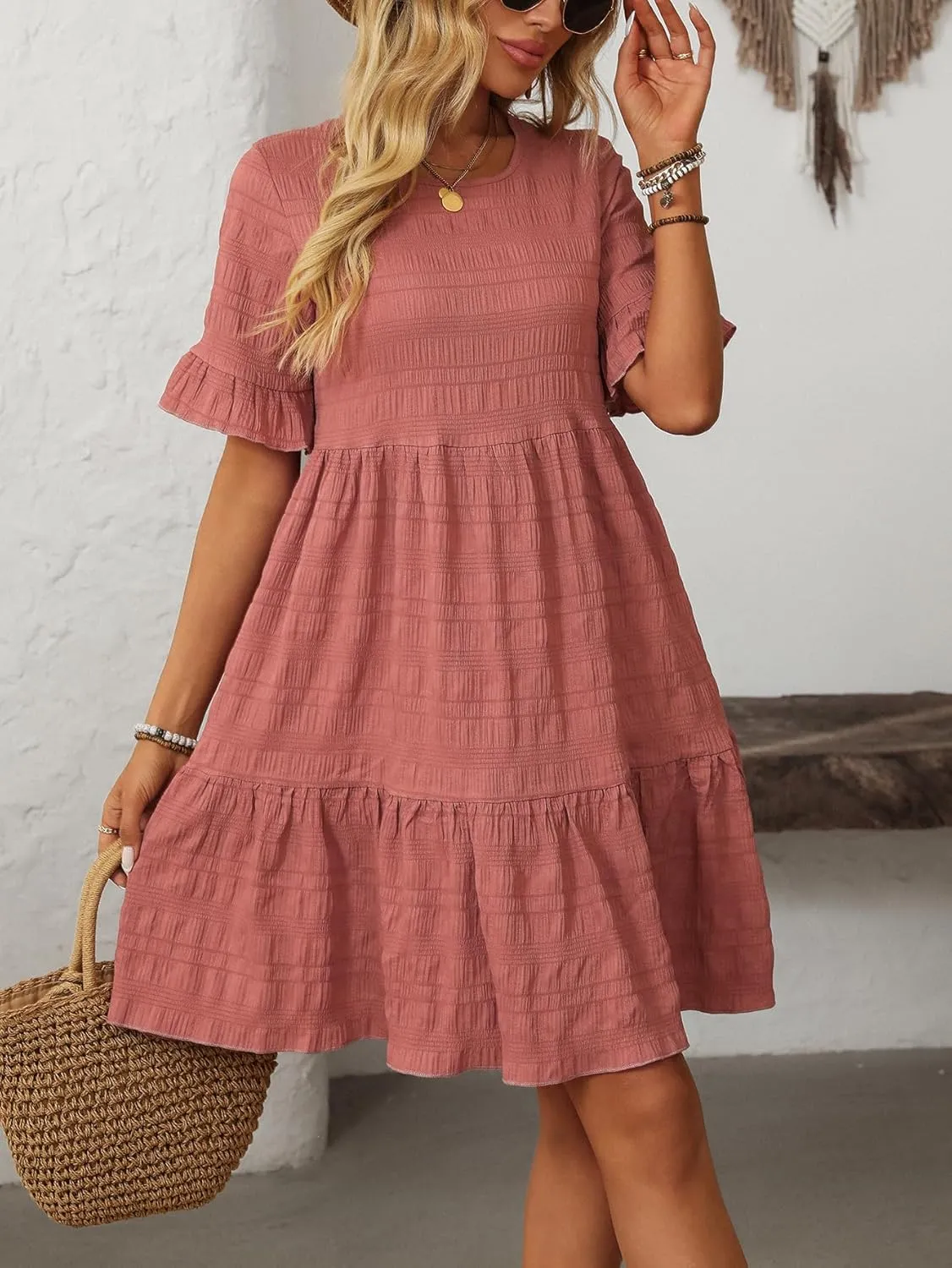 CASURESS Womens Summer Dress Ruffle Sleeve Smocked Crew Neck Midi Dresses Casual Flowy Tiered Swing Boho Beach Sundress