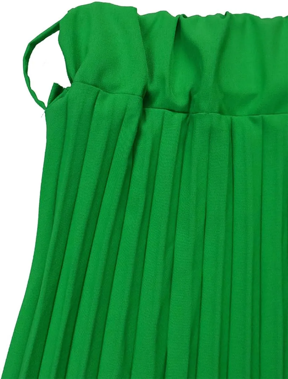 CHARTOU Women Elastic Waist Maxi Pleated Skirt Ruffle Long Skirt Club Party Flowy A Line Skirt with Belt