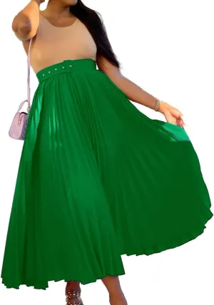 CHARTOU Women Elastic Waist Maxi Pleated Skirt Ruffle Long Skirt Club Party Flowy A Line Skirt with Belt