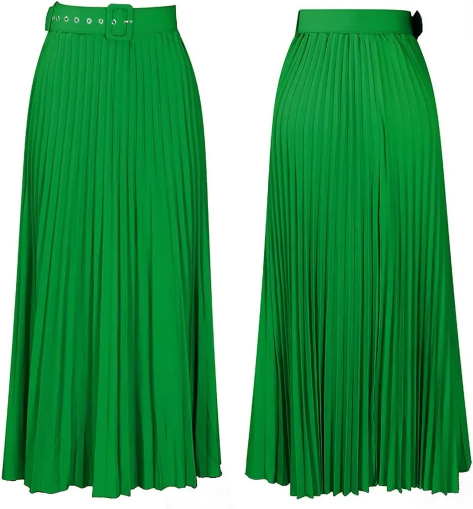 CHARTOU Women Elastic Waist Maxi Pleated Skirt Ruffle Long Skirt Club Party Flowy A Line Skirt with Belt