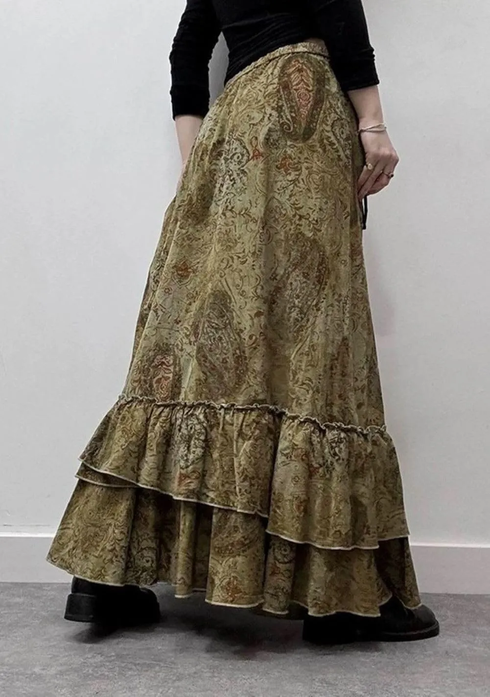 CHARTOU Women Summer Floral Boho Tiered Maxi Skirt Ethnic Ruffle Peplum Tie Front Elastic Waist Long Skirt