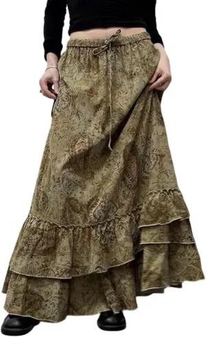 CHARTOU Women Summer Floral Boho Tiered Maxi Skirt Ethnic Ruffle Peplum Tie Front Elastic Waist Long Skirt