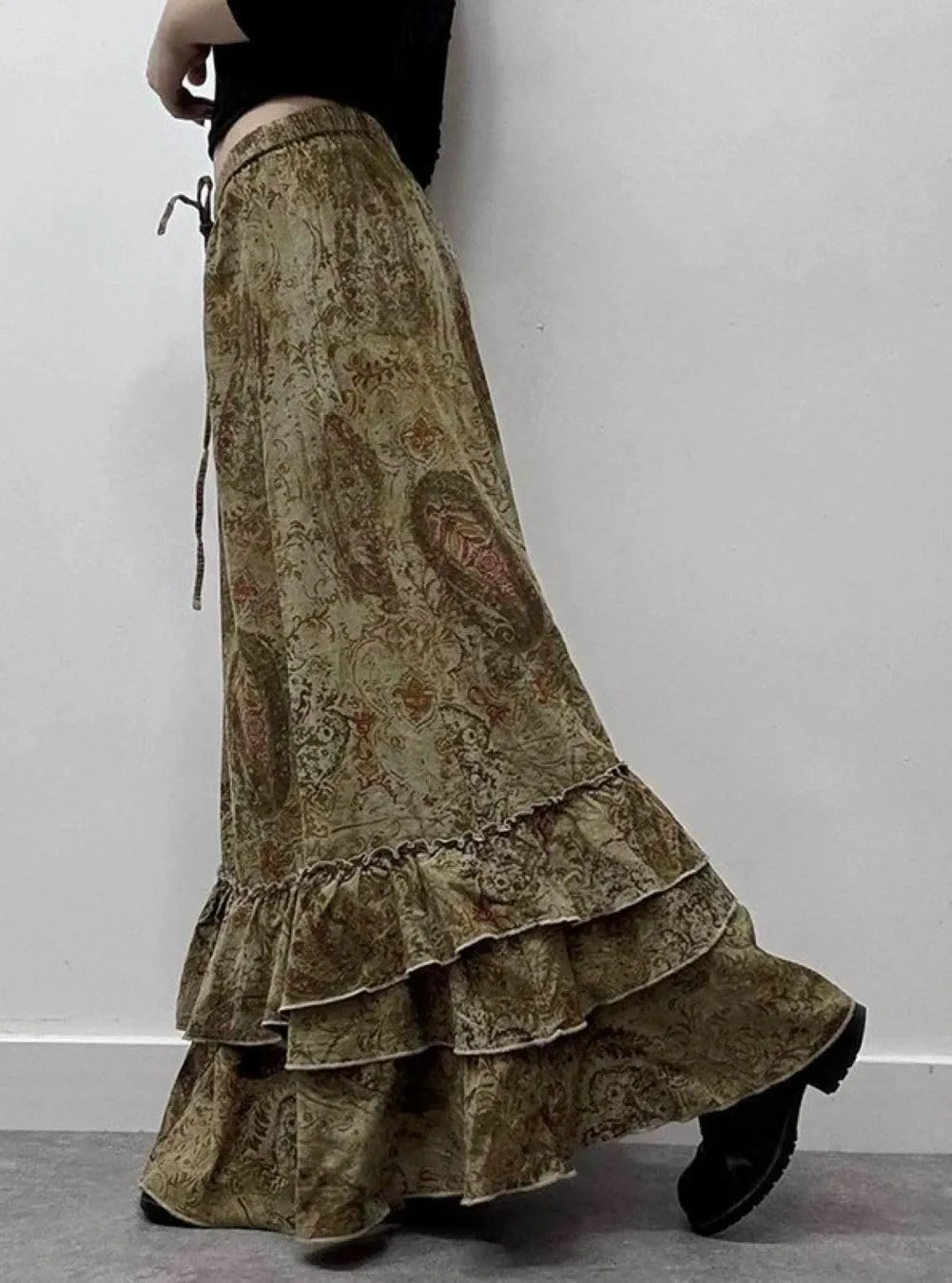 CHARTOU Women Summer Floral Boho Tiered Maxi Skirt Ethnic Ruffle Peplum Tie Front Elastic Waist Long Skirt