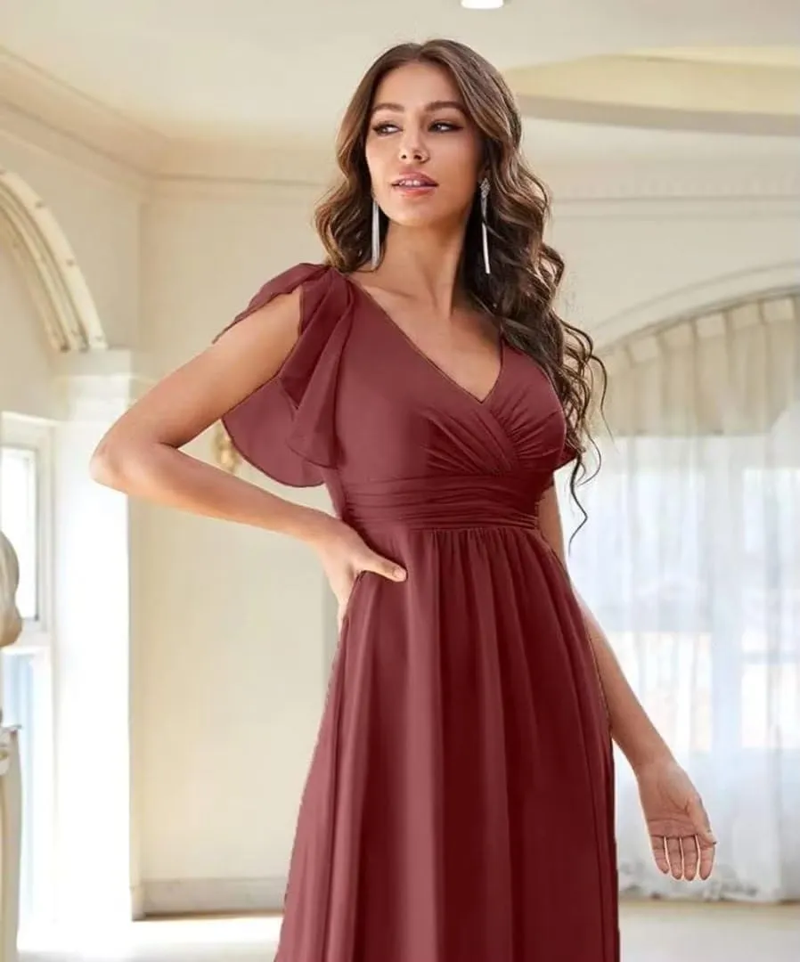 Chiffon Bridesmaid Dresses for Wedding Long Slit Pleated Formal Evening Party Dress with Pockets