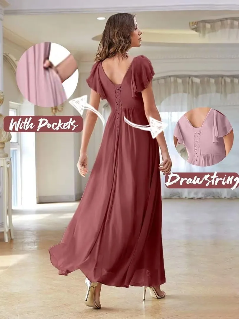 Chiffon Bridesmaid Dresses for Wedding Long Slit Pleated Formal Evening Party Dress with Pockets