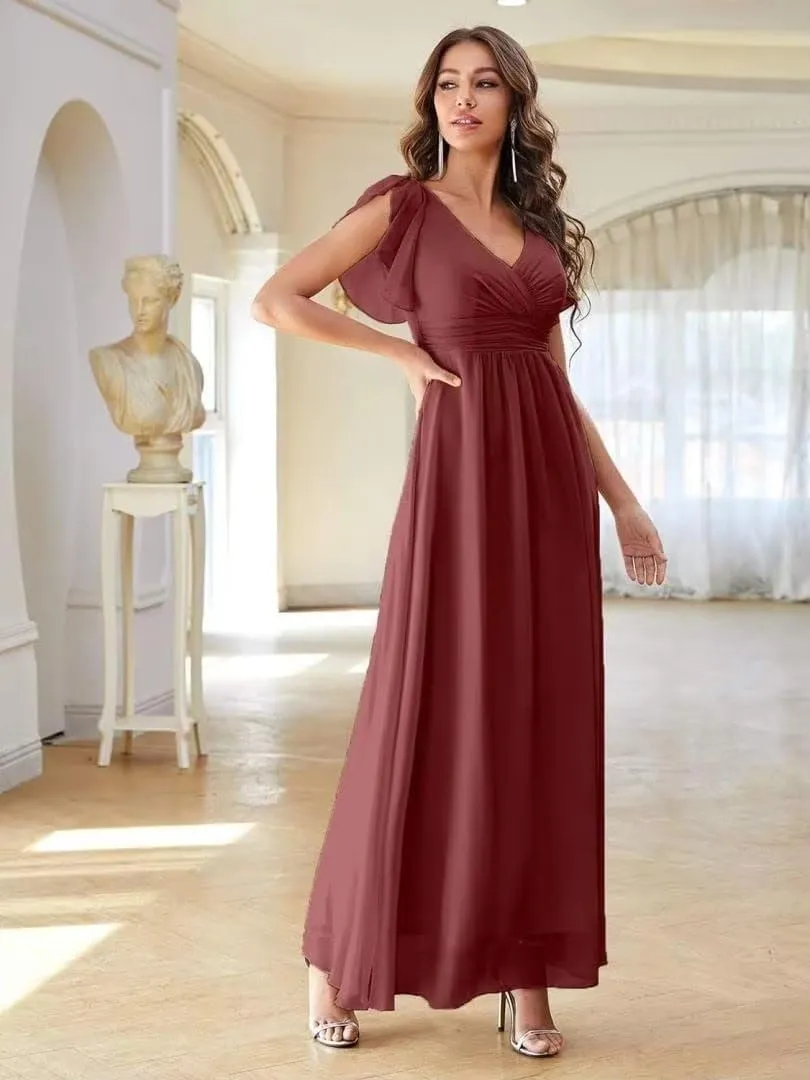 Chiffon Bridesmaid Dresses for Wedding Long Slit Pleated Formal Evening Party Dress with Pockets