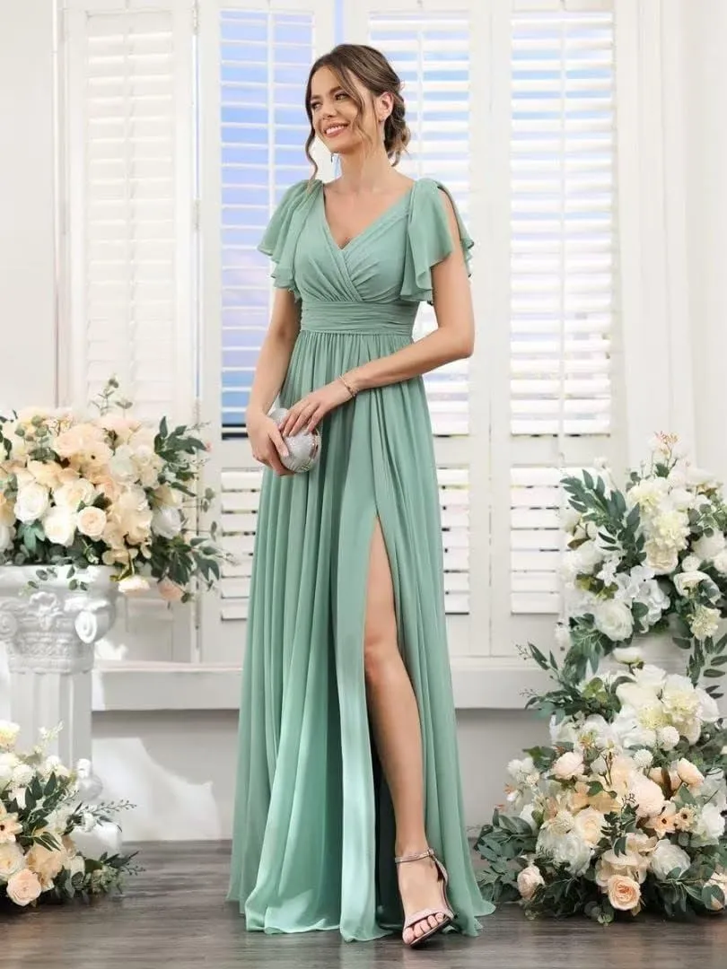 Chiffon Bridesmaid Dresses for Wedding Long Slit Pleated Formal Evening Party Dress with Pockets