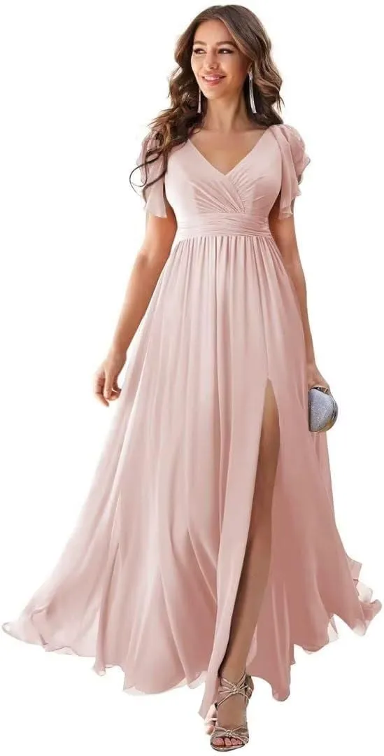 Chiffon Bridesmaid Dresses for Wedding Long Slit Pleated Formal Evening Party Dress with Pockets