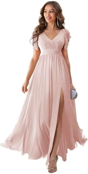 Chiffon Bridesmaid Dresses for Wedding Long Slit Pleated Formal Evening Party Dress with Pockets