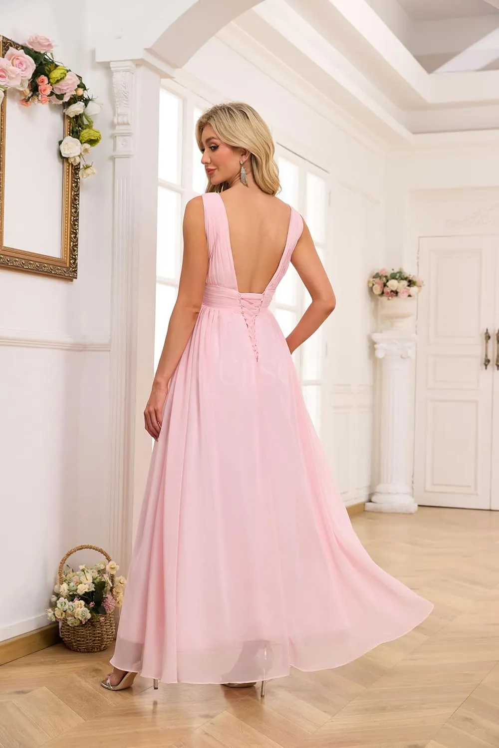 Chiffon Bridesmaid Dresses with Slit V Neck Prom Dresses A Line Pleated Wedding Guest Dress with Pockets UU139