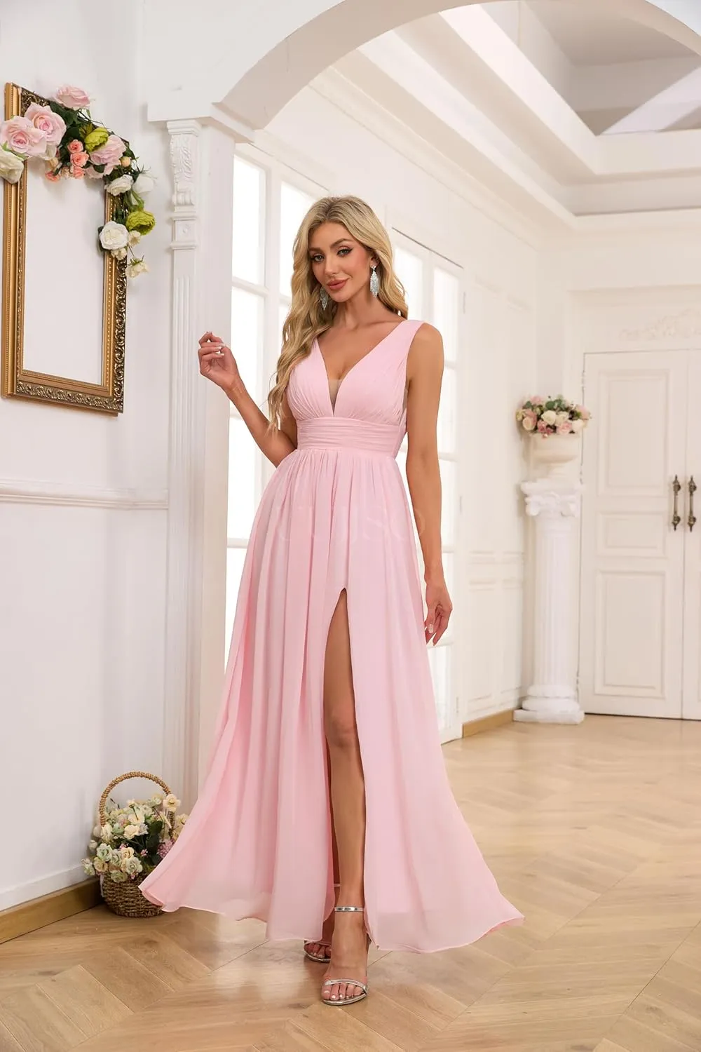 Chiffon Bridesmaid Dresses with Slit V Neck Prom Dresses A Line Pleated Wedding Guest Dress with Pockets UU139