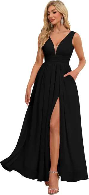 Chiffon Bridesmaid Dresses with Slit V Neck Prom Dresses A Line Pleated Wedding Guest Dress with Pockets UU139