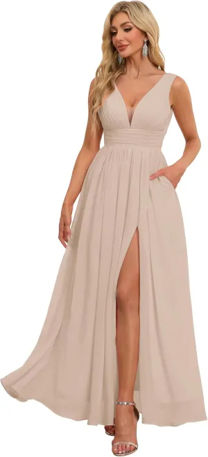 Chiffon Bridesmaid Dresses with Slit V Neck Prom Dresses A Line Pleated Wedding Guest Dress with Pockets UU139