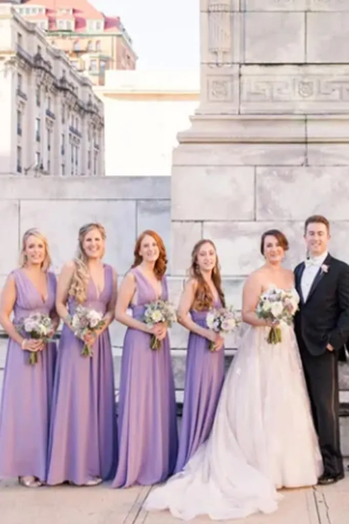 Chiffon Bridesmaid Dresses with Slit V Neck Prom Dresses A Line Pleated Wedding Guest Dress with Pockets UU139