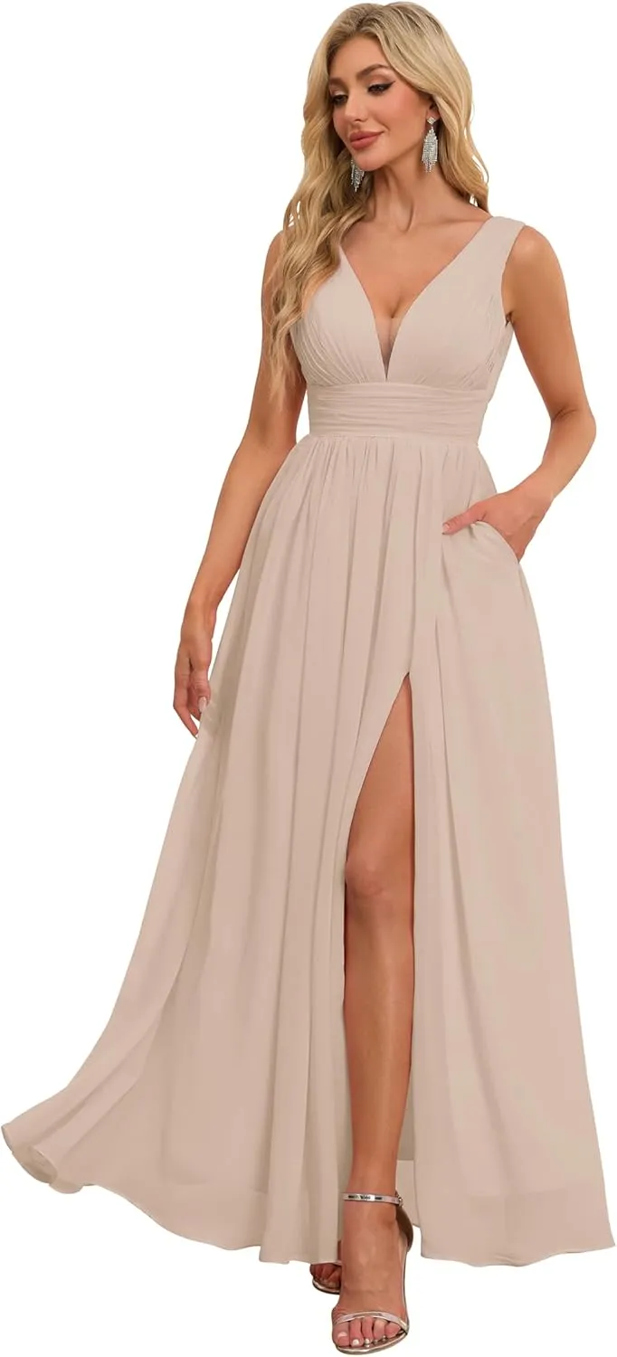 Chiffon Bridesmaid Dresses with Slit V Neck Prom Dresses A Line Pleated Wedding Guest Dress with Pockets UU139