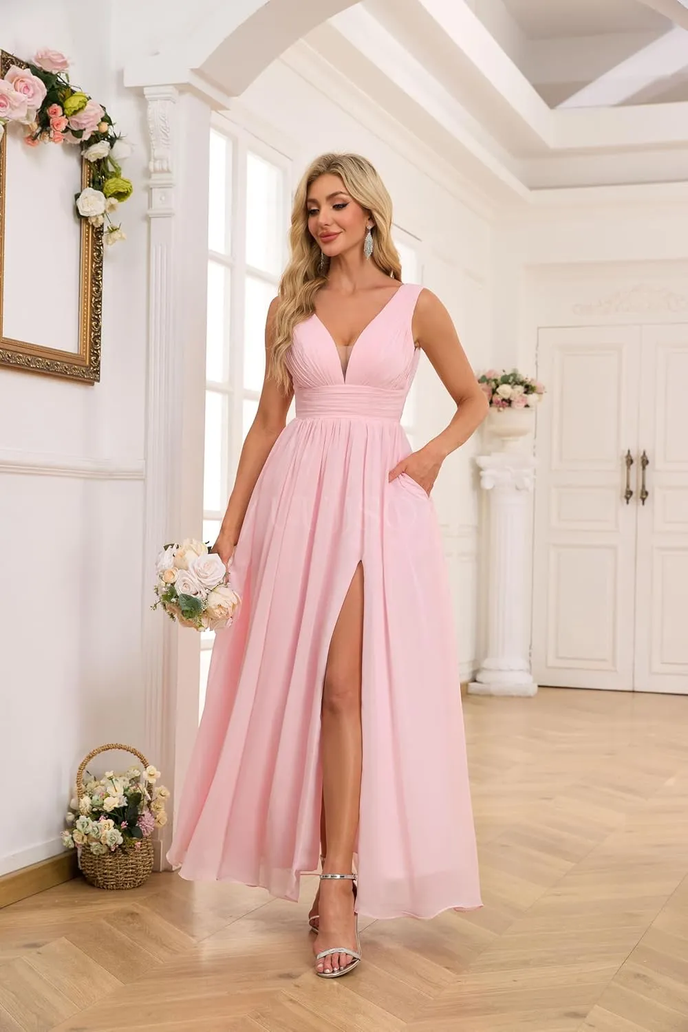Chiffon Bridesmaid Dresses with Slit V Neck Prom Dresses A Line Pleated Wedding Guest Dress with Pockets UU139