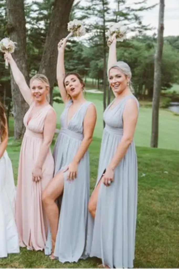 Chiffon Bridesmaid Dresses with Slit V Neck Prom Dresses A Line Pleated Wedding Guest Dress with Pockets UU139
