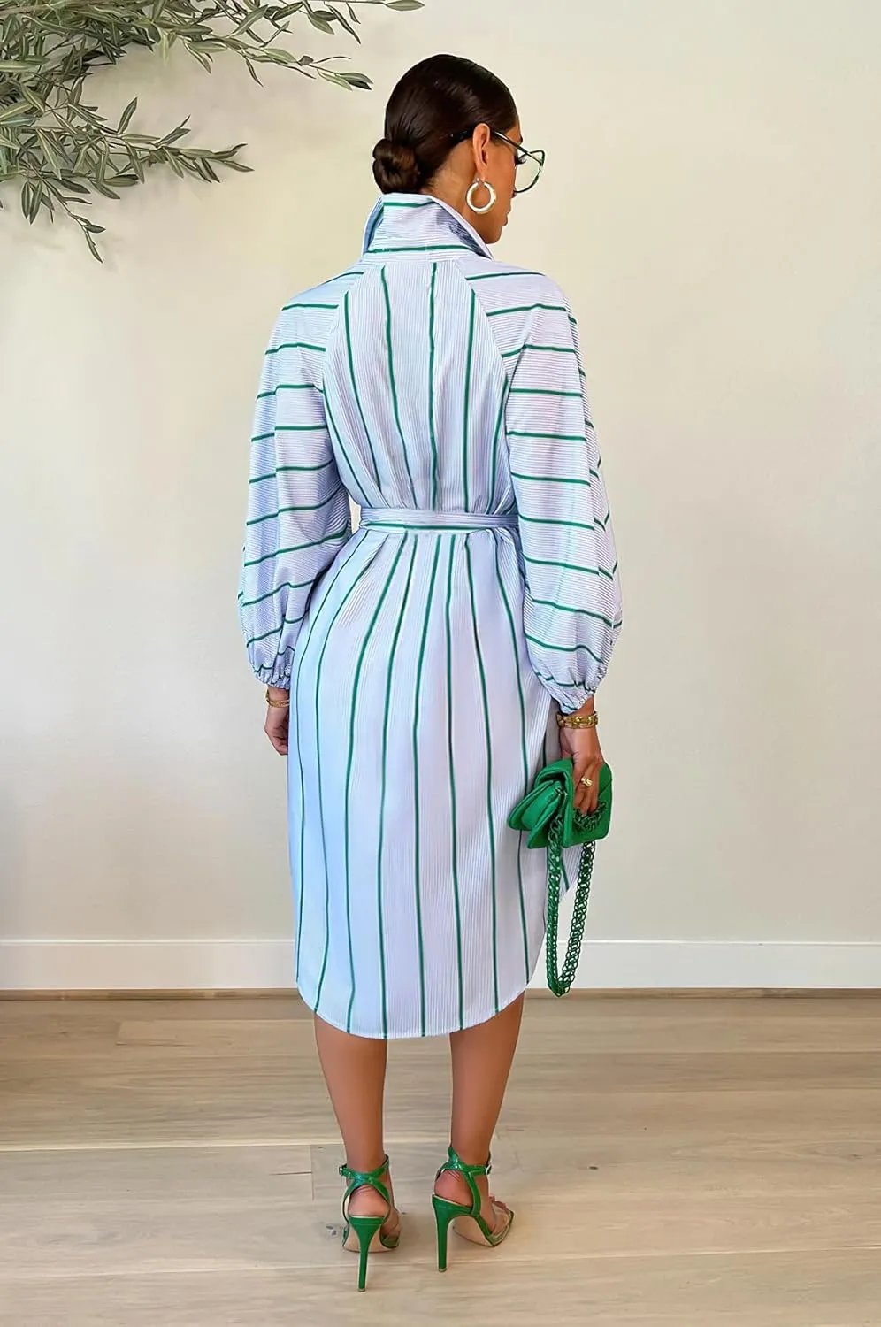 chouyatou Women's Business Casual Dress Striped Button Down Long Sleeve Lapel Midi Shirt Dress with Belt