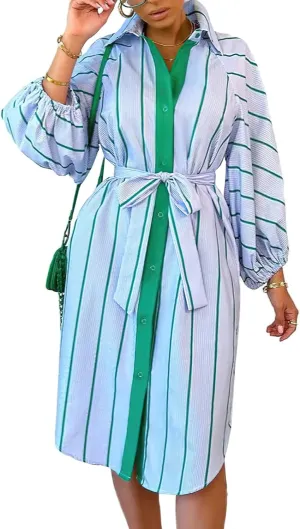chouyatou Women's Business Casual Dress Striped Button Down Long Sleeve Lapel Midi Shirt Dress with Belt
