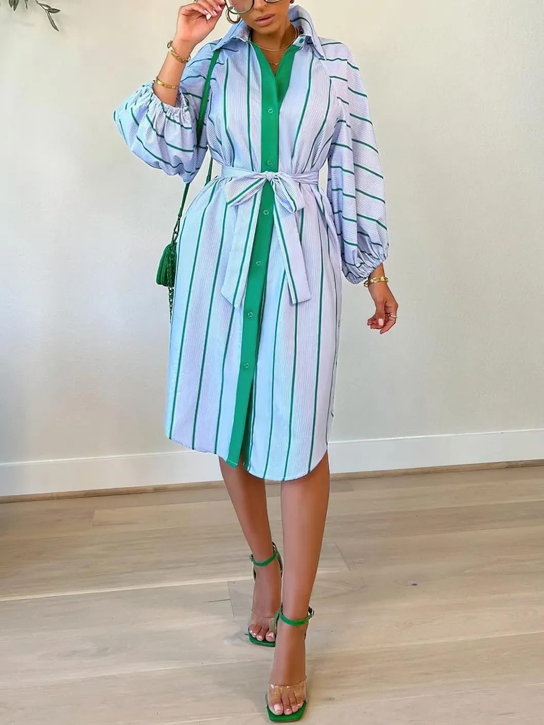 chouyatou Women's Business Casual Dress Striped Button Down Long Sleeve Lapel Midi Shirt Dress with Belt