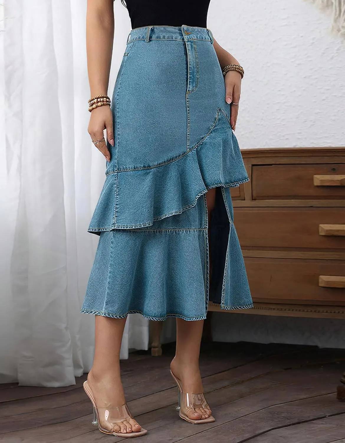 chouyatou Women's Casual A-Line Floune Ruffle Midi Denim Skirt Bodycon Long Fishtail Jean Skirt