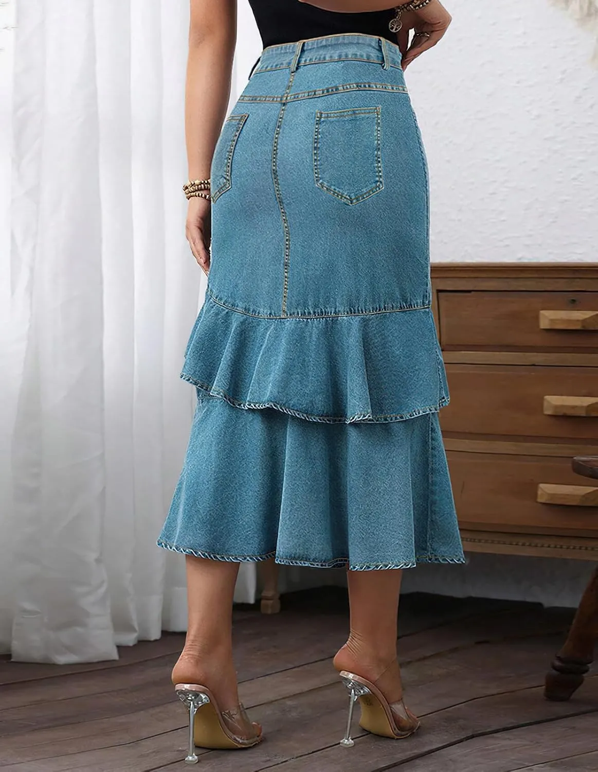 chouyatou Women's Casual A-Line Floune Ruffle Midi Denim Skirt Bodycon Long Fishtail Jean Skirt