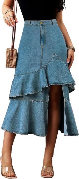 chouyatou Women's Casual A-Line Floune Ruffle Midi Denim Skirt Bodycon Long Fishtail Jean Skirt