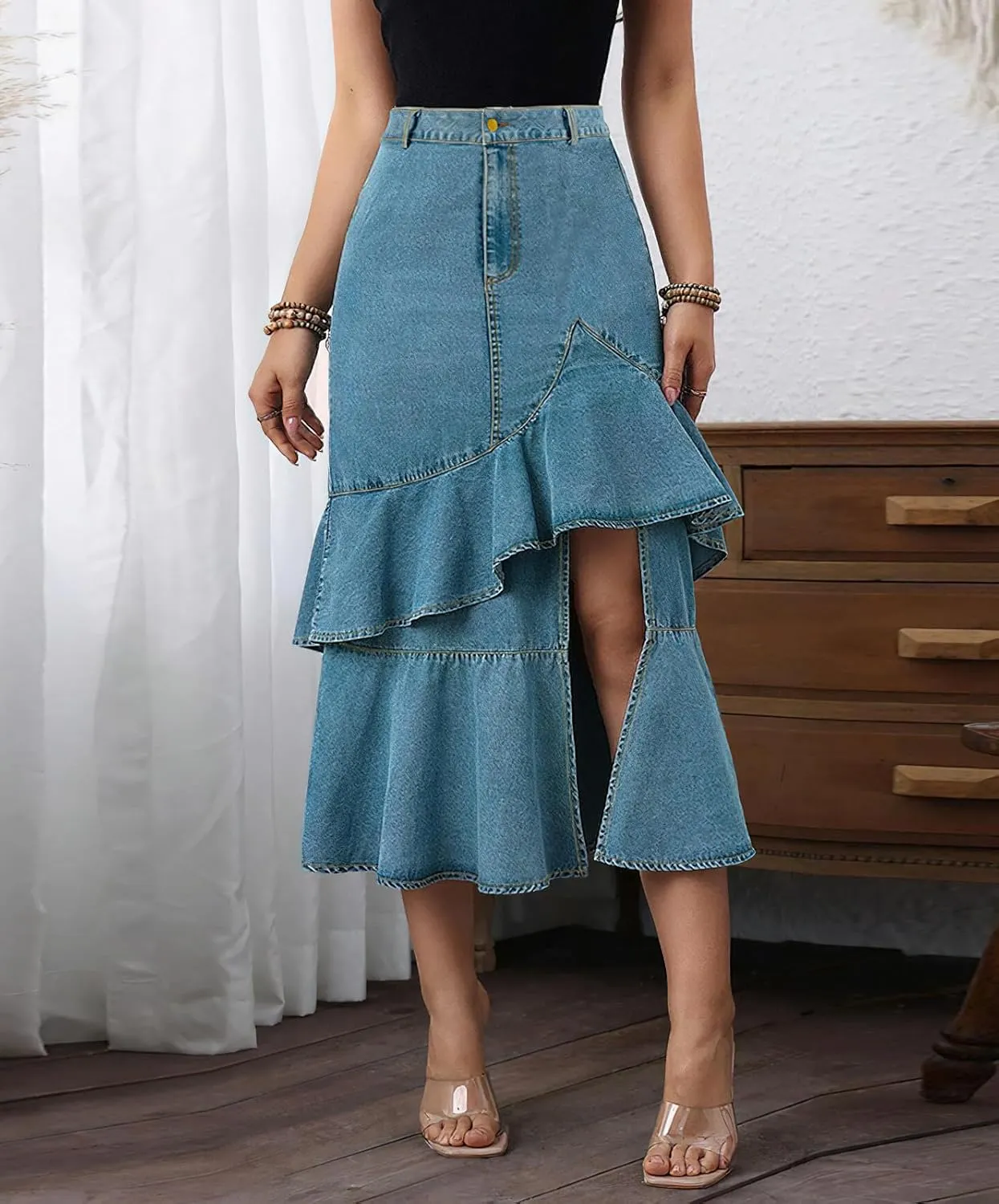 chouyatou Women's Casual A-Line Floune Ruffle Midi Denim Skirt Bodycon Long Fishtail Jean Skirt