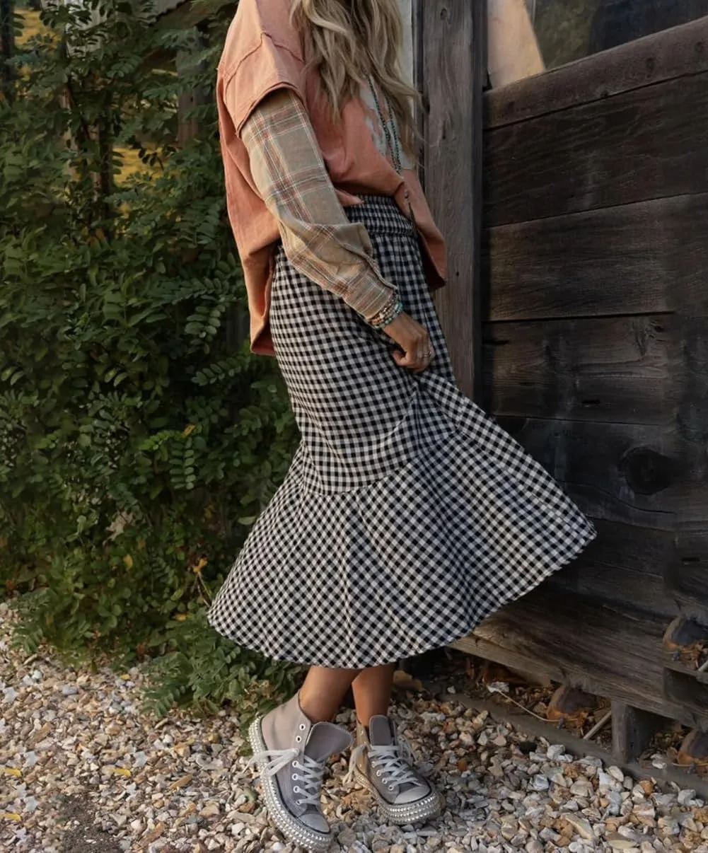 chouyatou Women's Casual Elastic Waist Flounce Midi Long Plaid Skirt Irregular Ruffle Fishtail A-Line Skirt