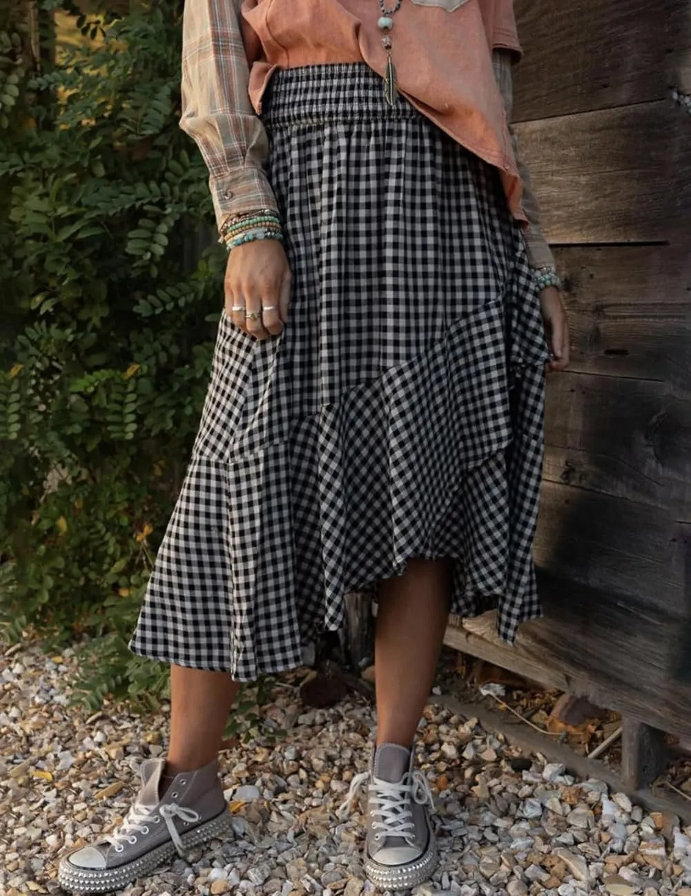 chouyatou Women's Casual Elastic Waist Flounce Midi Long Plaid Skirt Irregular Ruffle Fishtail A-Line Skirt