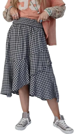 chouyatou Women's Casual Elastic Waist Flounce Midi Long Plaid Skirt Irregular Ruffle Fishtail A-Line Skirt