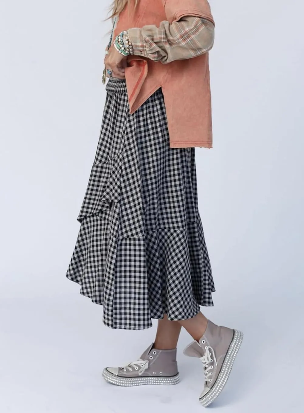 chouyatou Women's Casual Elastic Waist Flounce Midi Long Plaid Skirt Irregular Ruffle Fishtail A-Line Skirt