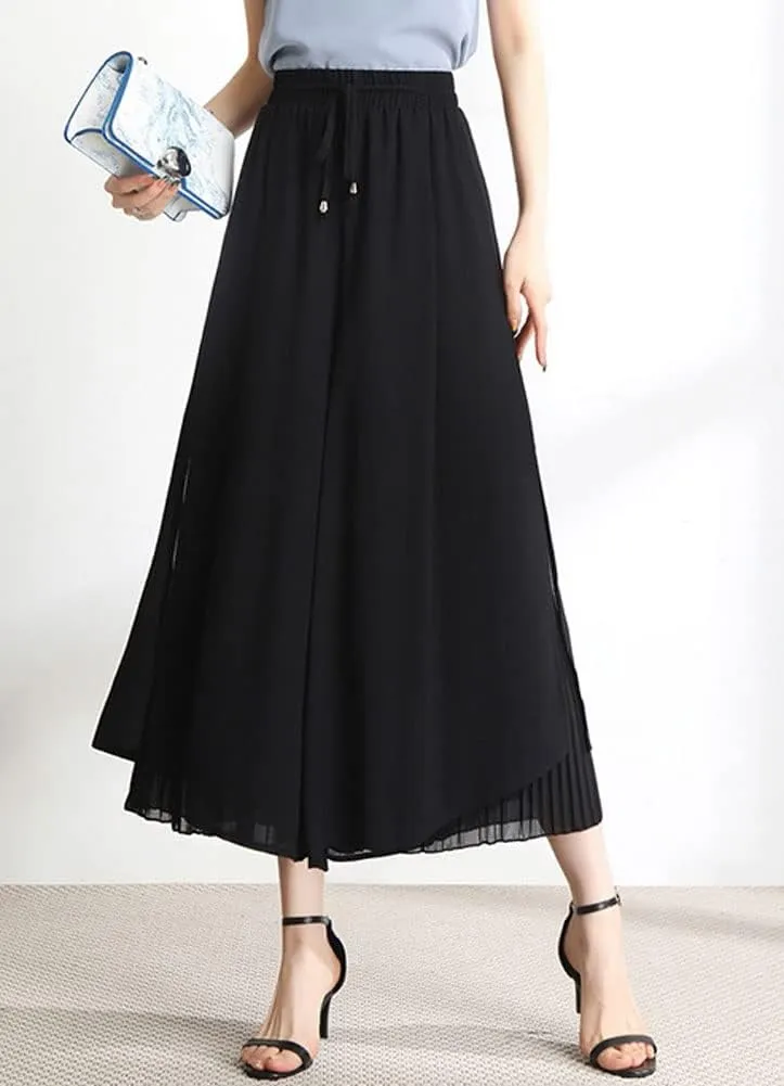chouyatou Women's Chiffon Wide Leg Pants High Waist Pleated Culotte Palazzo Pants Side Slit