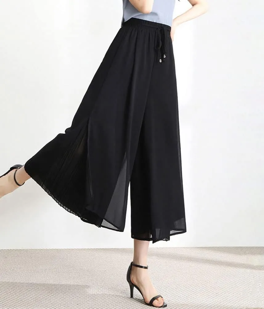 chouyatou Women's Chiffon Wide Leg Pants High Waist Pleated Culotte Palazzo Pants Side Slit