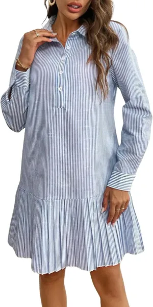 chouyatou Women's Long Sleeve Lapel Striped Polo Shirt Dress Pleated Long Midi Short Cotton Skater Dress