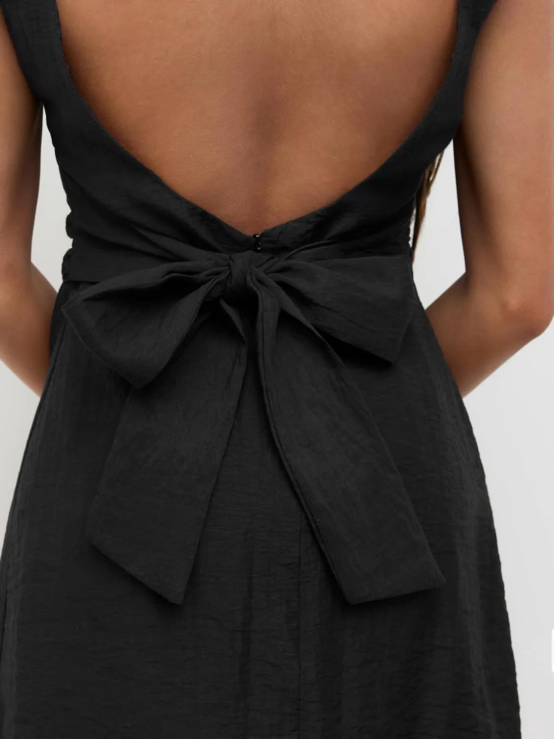CIDER Mini Dress Backless Bow Tie Solid Linen Blend Boat Neck Summer Vacation Going Out Cute Short Dress