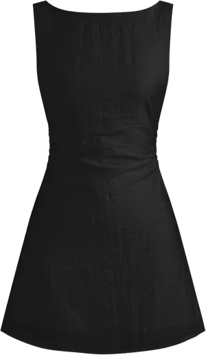 CIDER Mini Dress Backless Bow Tie Solid Linen Blend Boat Neck Summer Vacation Going Out Cute Short Dress