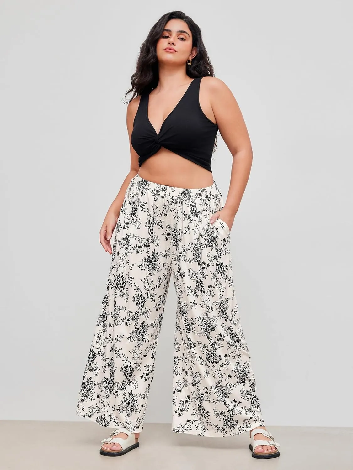 CIDER Womens Plus Size Wide Leg Pants Palazzo Flowy Elastic Waist Pants with Pockets