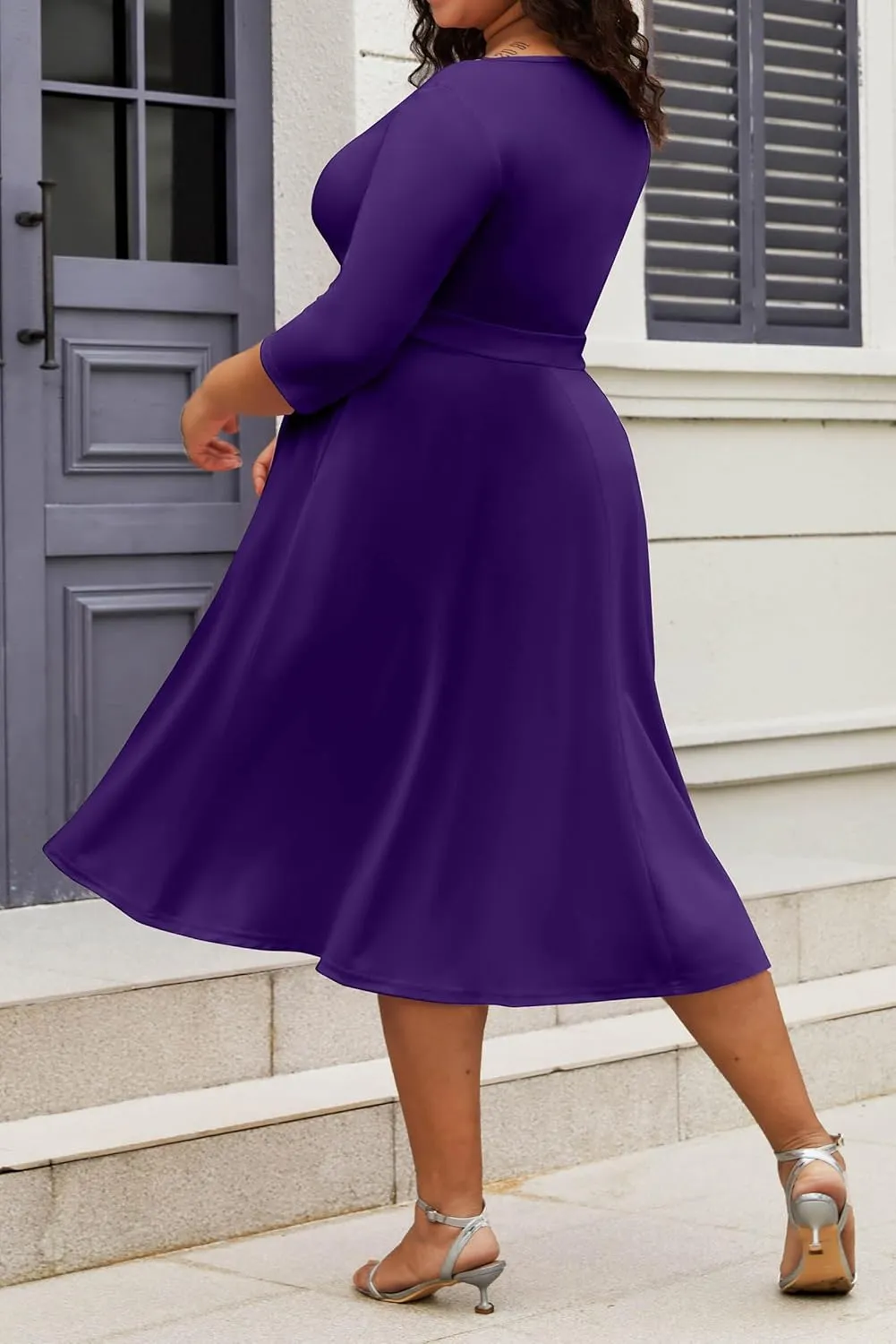 CLOCOR Women's Plus Size Midi Dress 3/4 Sleeve A-Line Swing Dress V Neck Flowy Casual Dresses