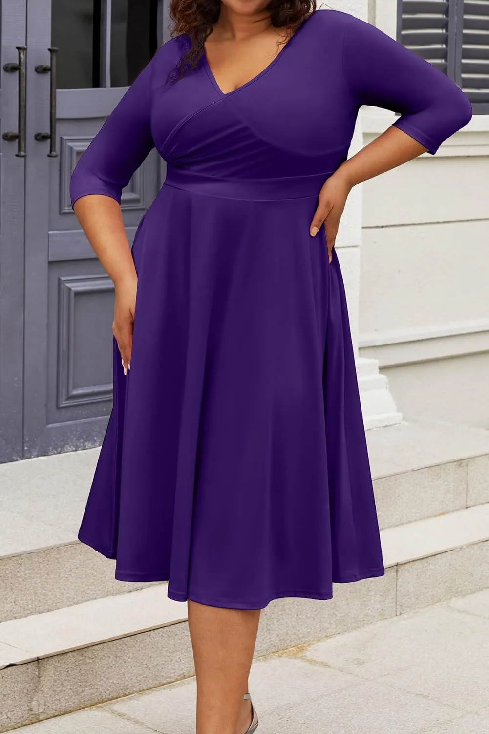 CLOCOR Women's Plus Size Midi Dress 3/4 Sleeve A-Line Swing Dress V Neck Flowy Casual Dresses