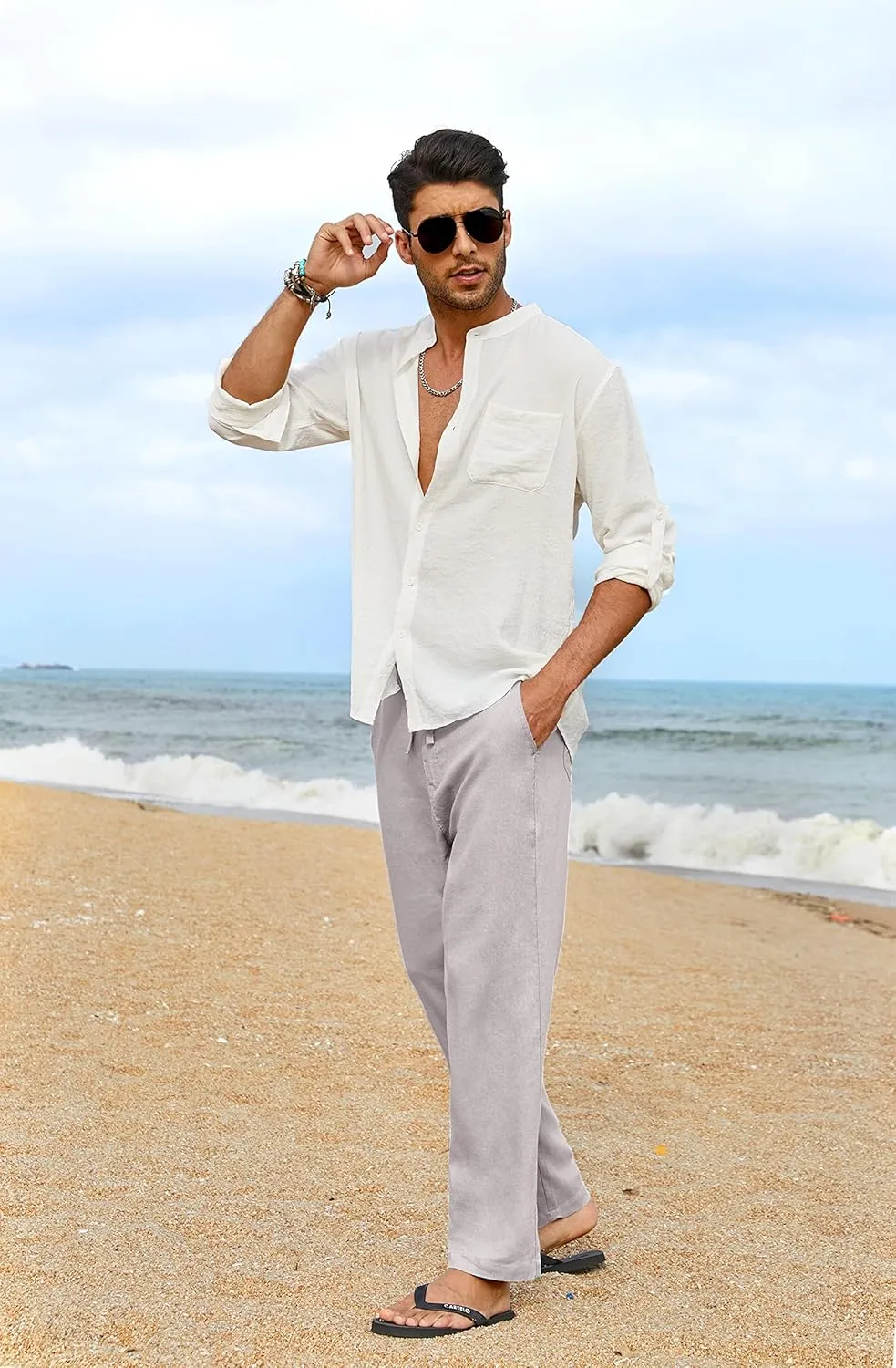 COOFANDY Men's Casual Linen Pants Elastic Waist Drawstring Yoga Beach Pants Lightweight Loose Fit Trousers with Pockets