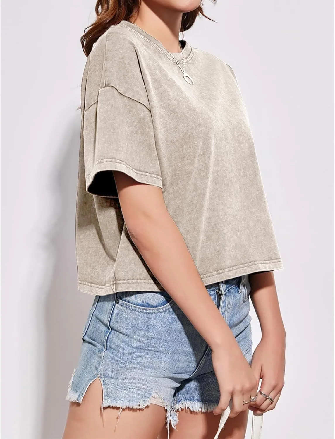 Cotton Loose Crop Tops for Women Acid Wash Cropped T Shirts Trendy Vintage Basic Tees Casual Short Sleeve Tshirt