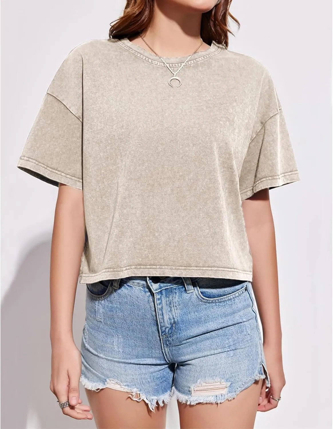 Cotton Loose Crop Tops for Women Acid Wash Cropped T Shirts Trendy Vintage Basic Tees Casual Short Sleeve Tshirt