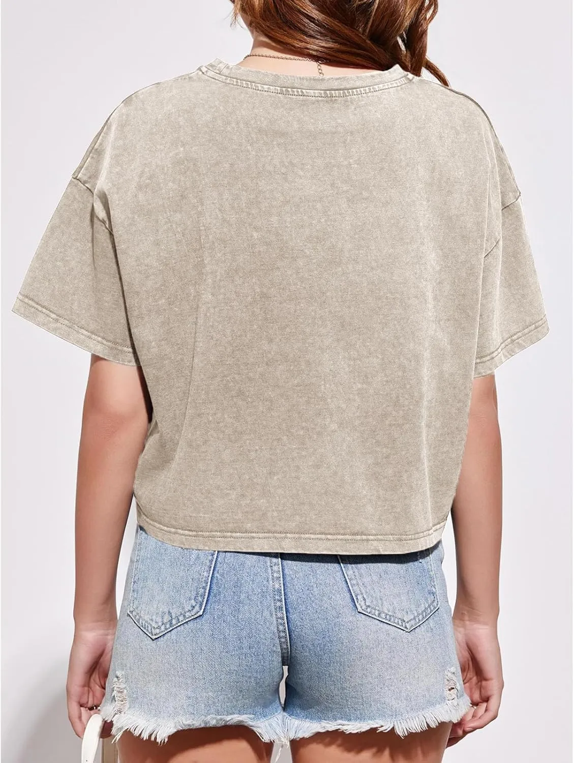 Cotton Loose Crop Tops for Women Acid Wash Cropped T Shirts Trendy Vintage Basic Tees Casual Short Sleeve Tshirt