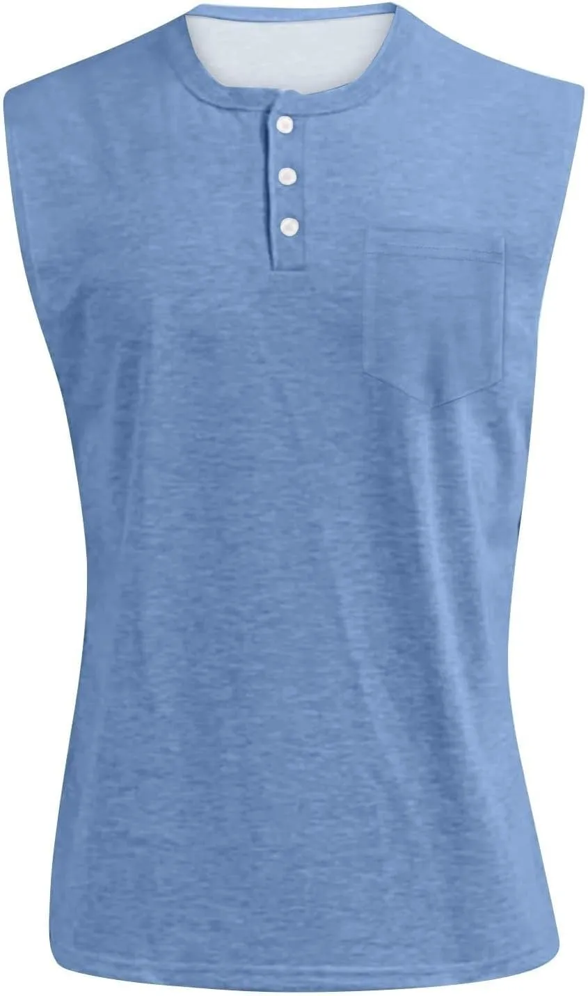 CRNTCEM Mens Sleeveless Button Up Henley Shirts Muscle Gym Workout Tank Tops Summer Vintage Distressed Running Beach Vest
