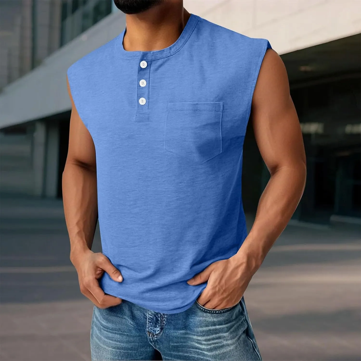 CRNTCEM Mens Sleeveless Button Up Henley Shirts Muscle Gym Workout Tank Tops Summer Vintage Distressed Running Beach Vest