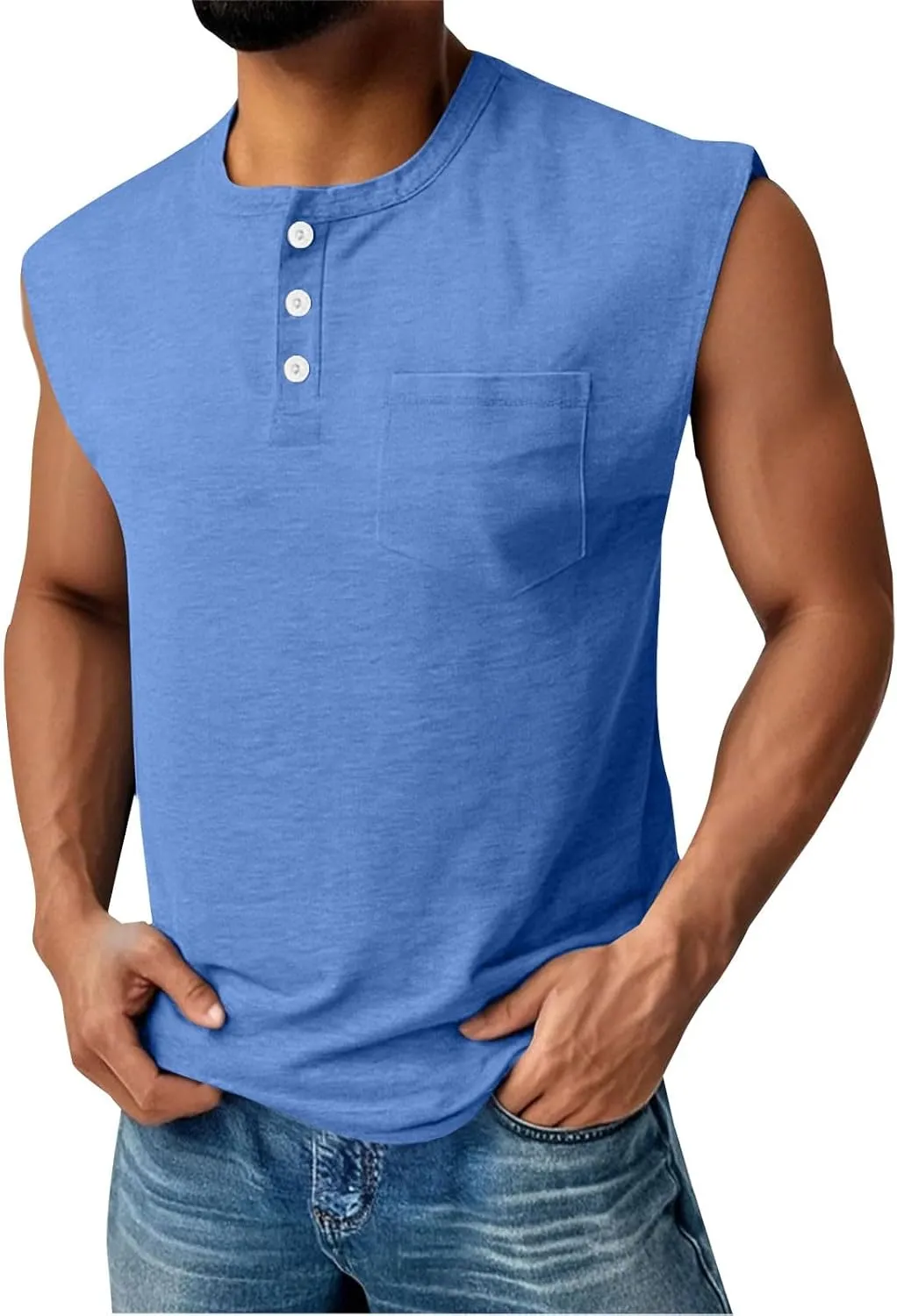 CRNTCEM Mens Sleeveless Button Up Henley Shirts Muscle Gym Workout Tank Tops Summer Vintage Distressed Running Beach Vest