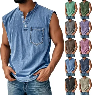 CRNTCEM Mens Sleeveless Button Up Henley Shirts Muscle Gym Workout Tank Tops Summer Vintage Distressed Running Beach Vest