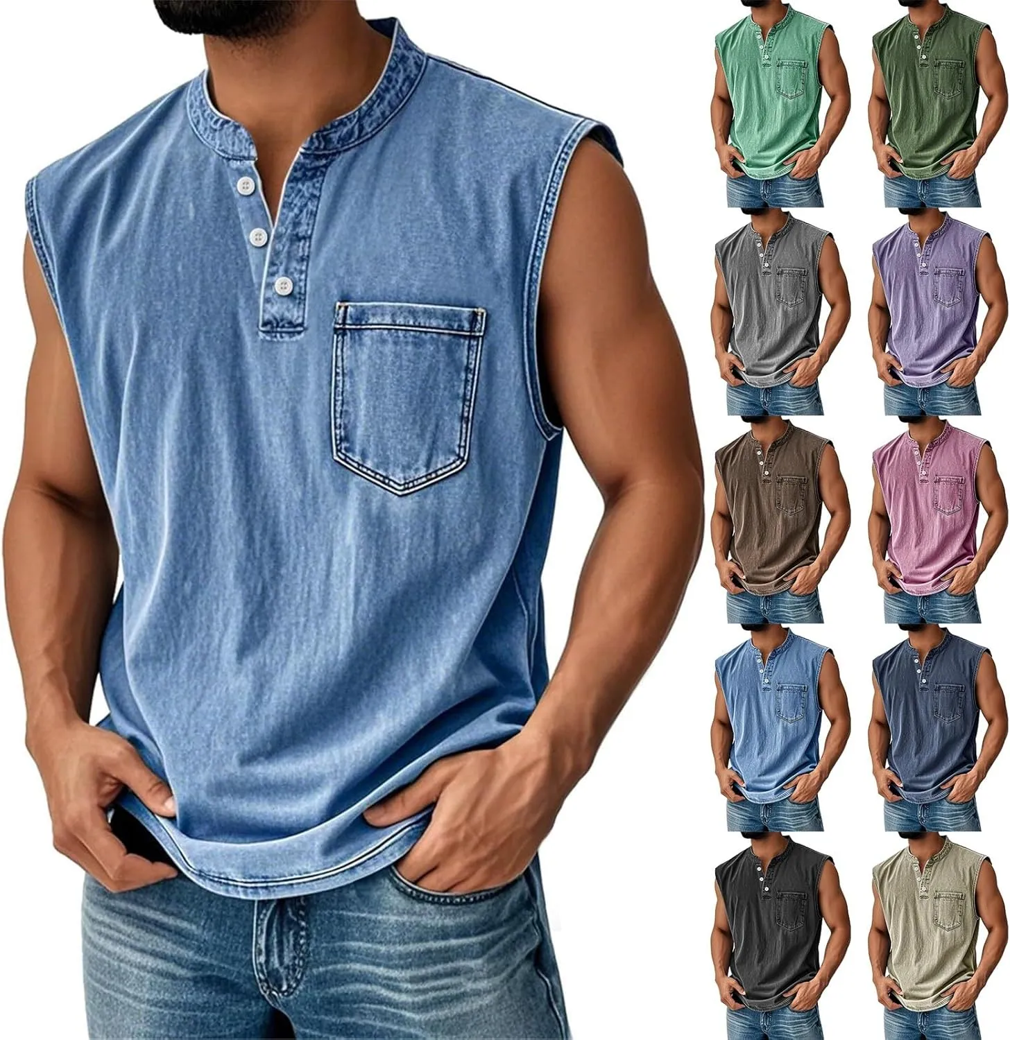 CRNTCEM Mens Sleeveless Button Up Henley Shirts Muscle Gym Workout Tank Tops Summer Vintage Distressed Running Beach Vest